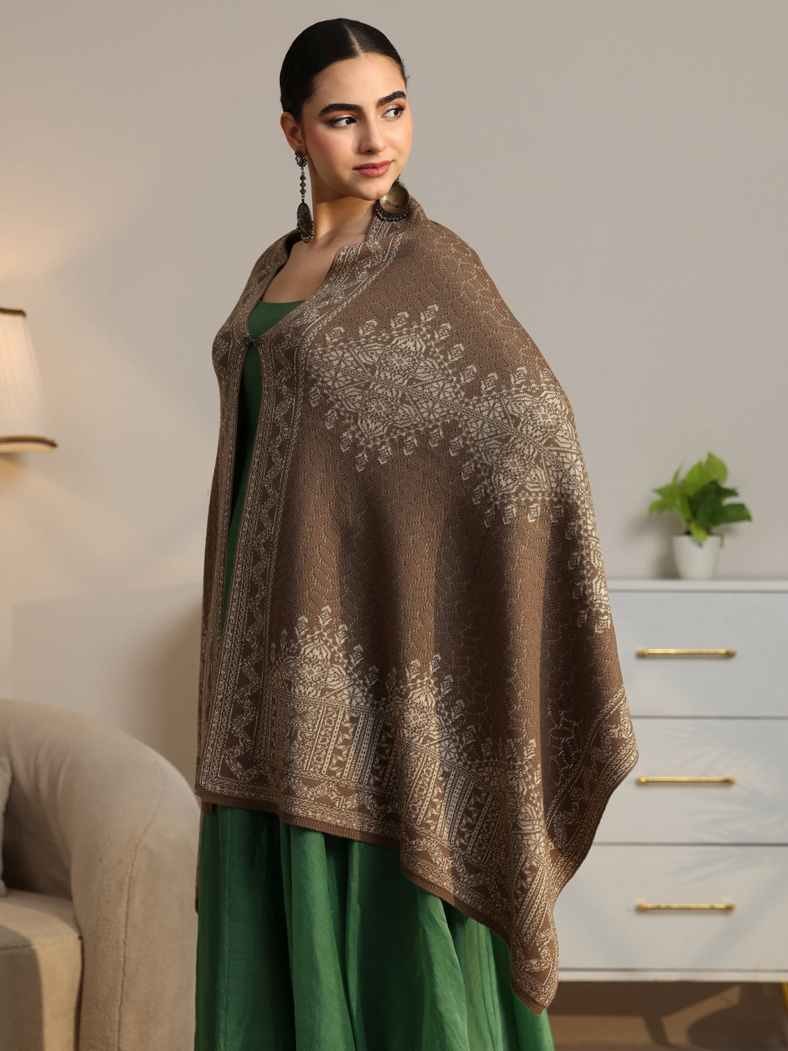Mameraa Beige Ethnic Knitted Acrylic Wrap Shawl