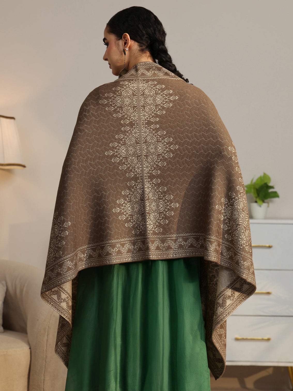 Mameraa Beige Ethnic Knitted Acrylic Wrap Shawl