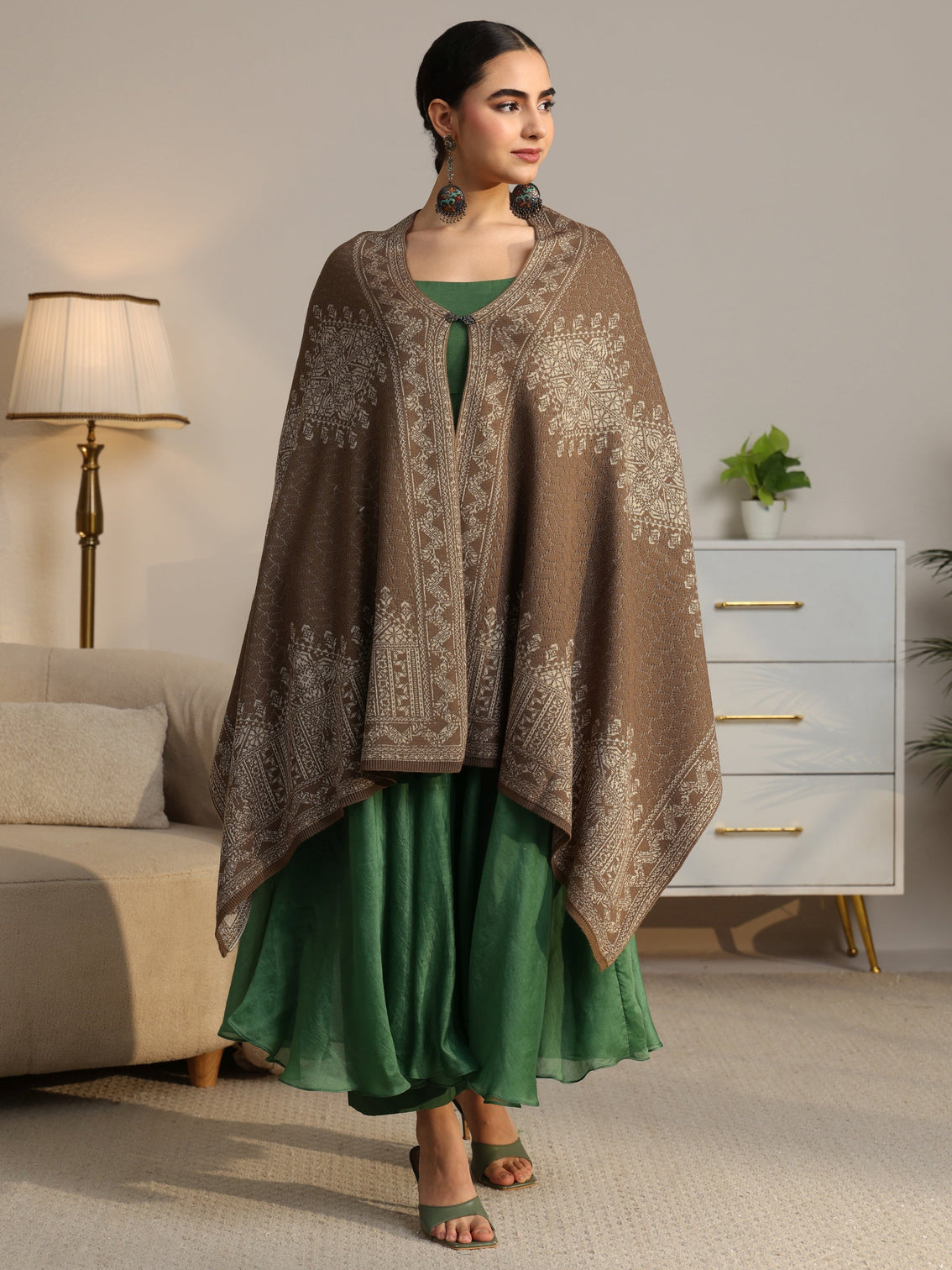 Mameraa Beige Ethnic Knitted Acrylic Wrap Shawl