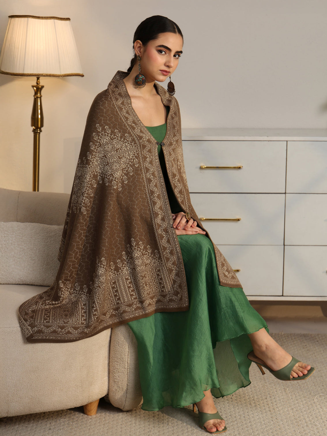 Mameraa Beige Ethnic Knitted Acrylic Wrap Shawl