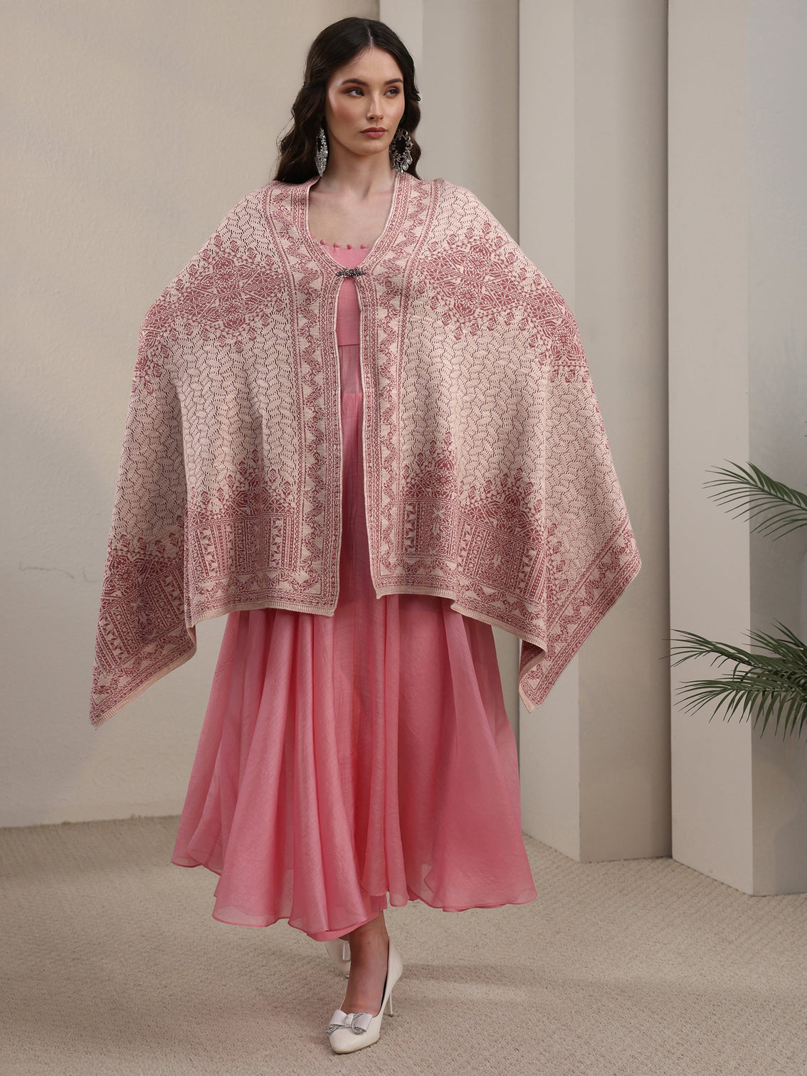Mameraa Baby Pink Ethnic Embroidered Acrylic Wrap Shawl
