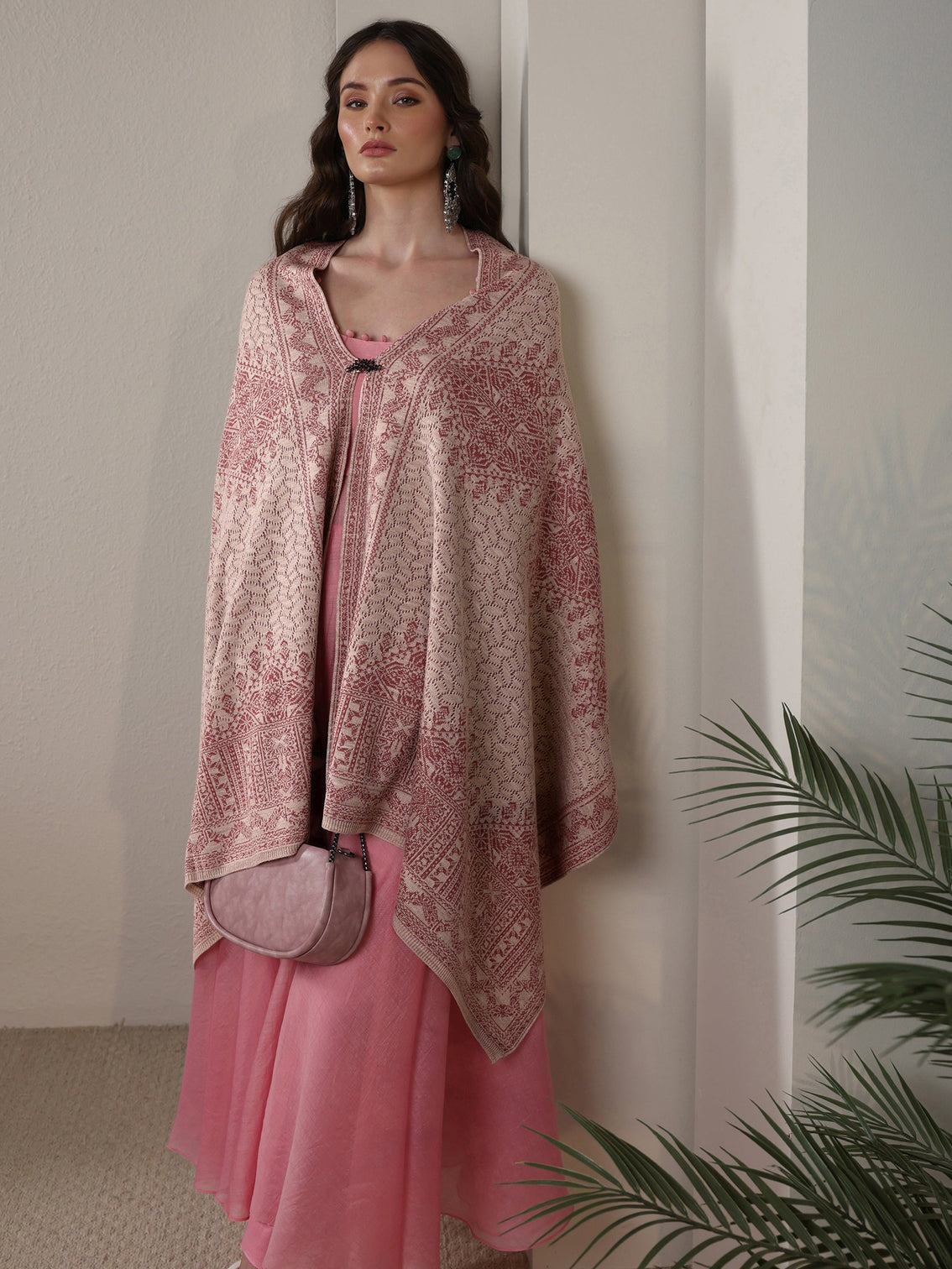 Mameraa Baby Pink Ethnic Embroidered Acrylic Wrap Shawl