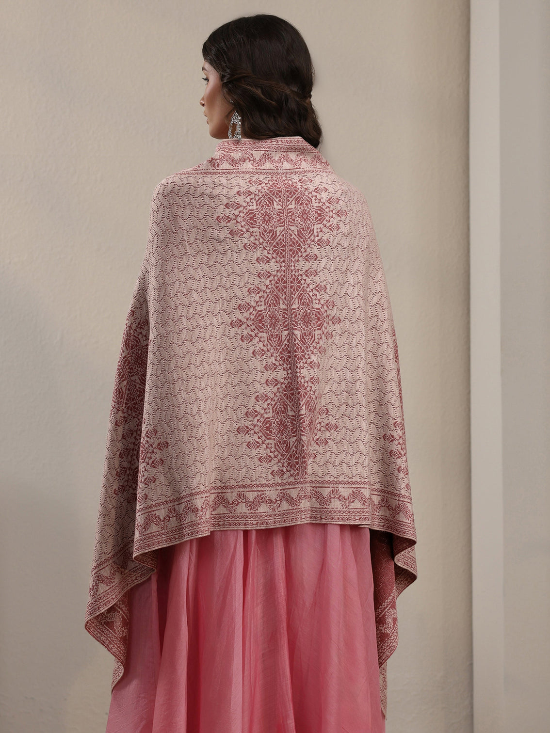 Mameraa Baby Pink Ethnic Embroidered Acrylic Wrap Shawl