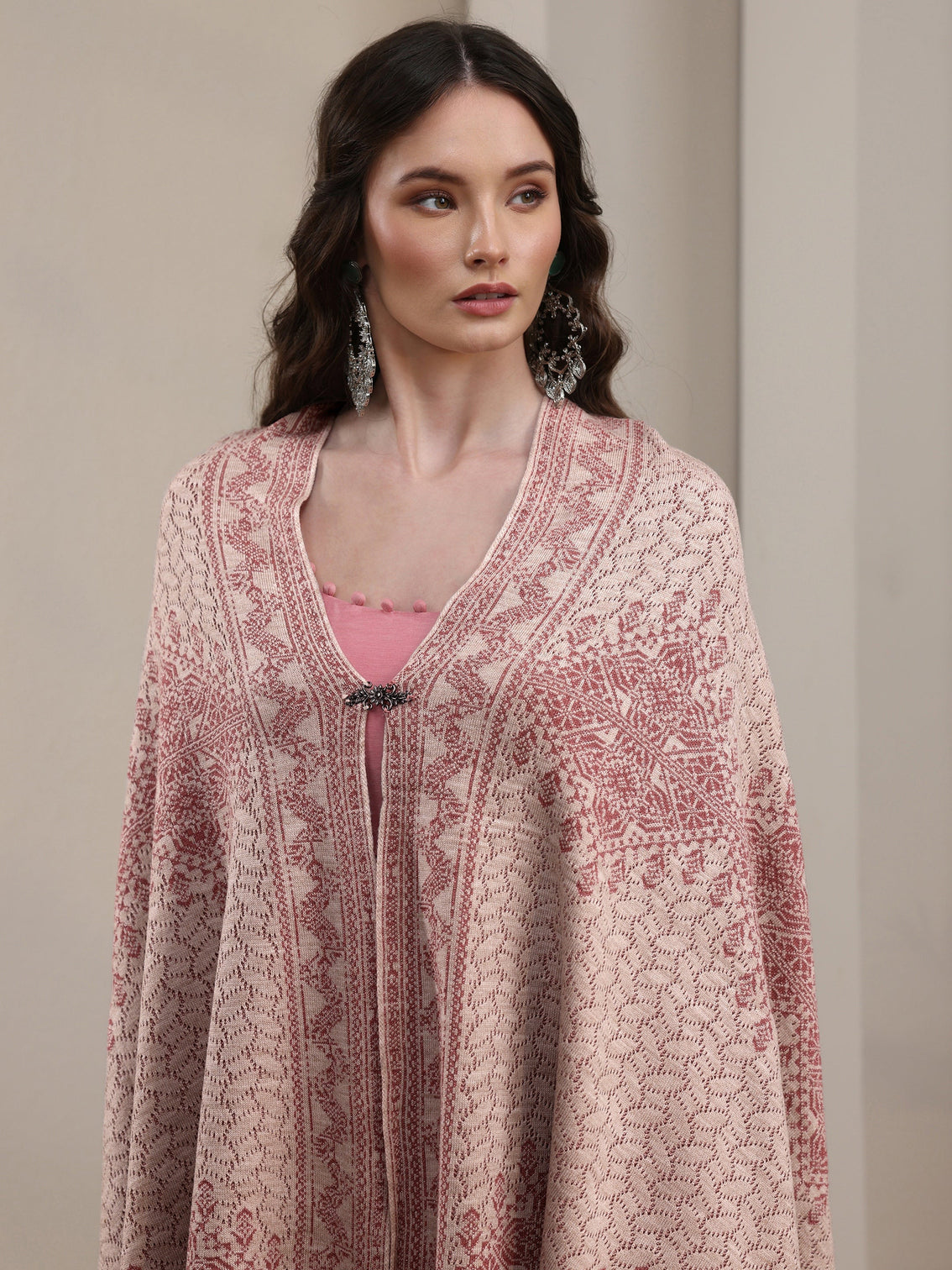Mameraa Baby Pink Ethnic Embroidered Acrylic Wrap Shawl