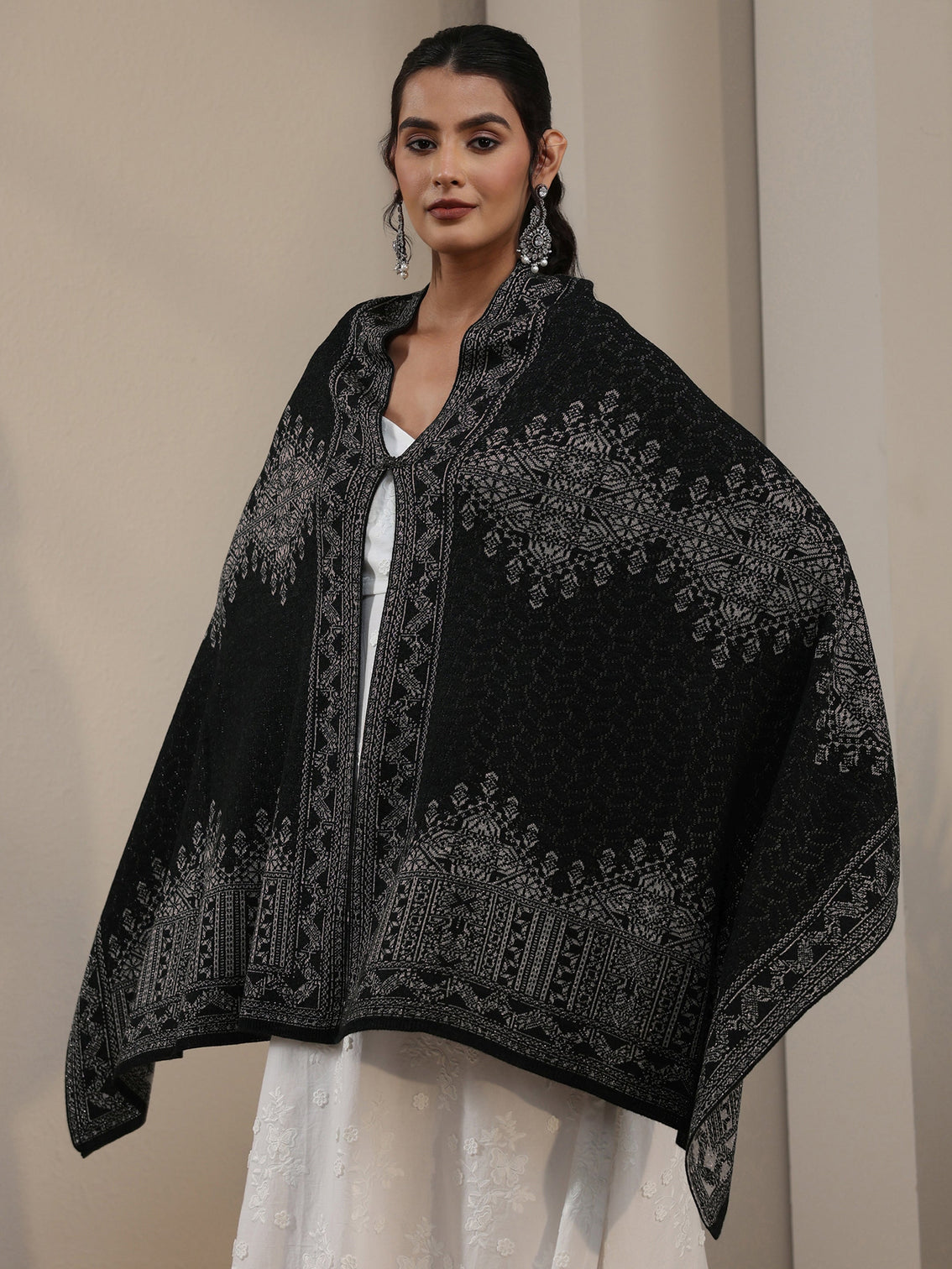 Mameraa Black Ethnic Embroidered Acrylic Wrap Shawl
