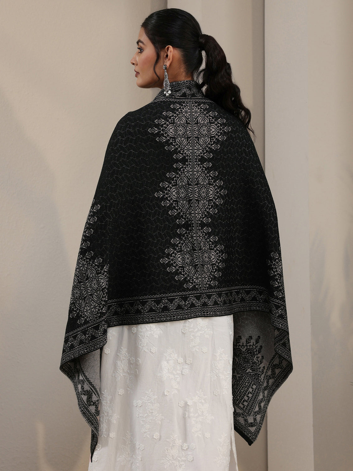 Mameraa Black Ethnic Embroidered Acrylic Wrap Shawl