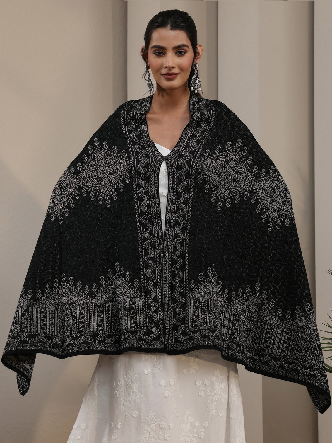 Mameraa Black Ethnic Embroidered Acrylic Wrap Shawl