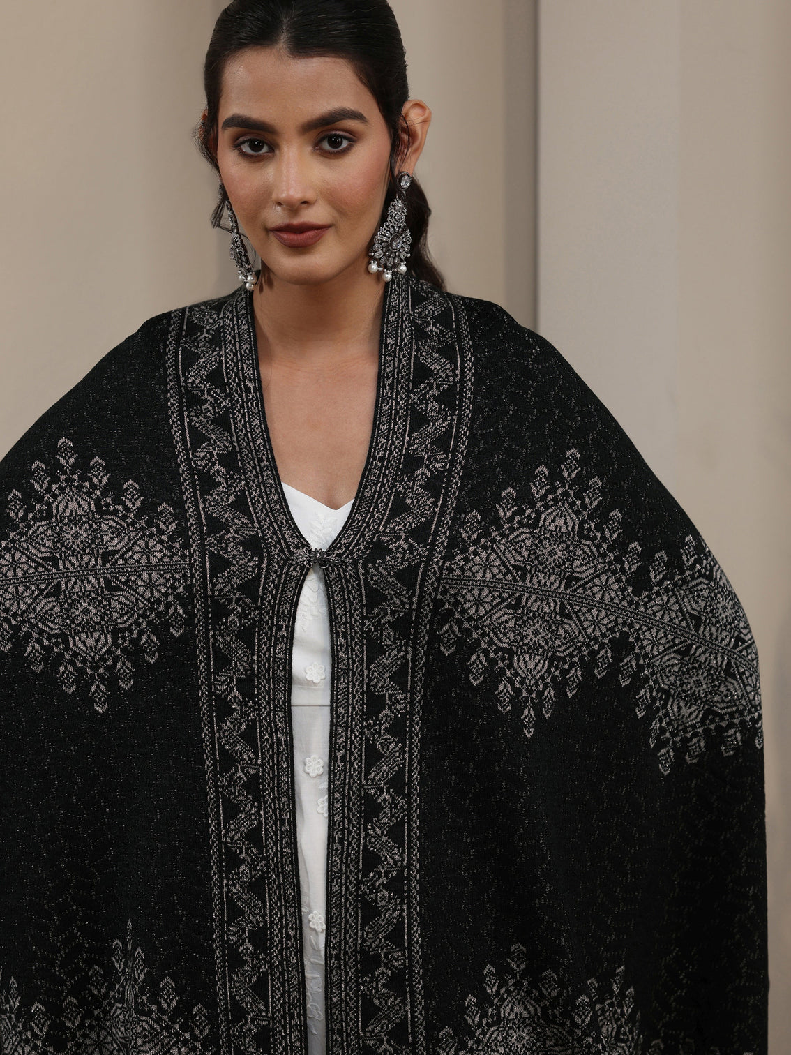 Mameraa Black Ethnic Embroidered Acrylic Wrap Shawl