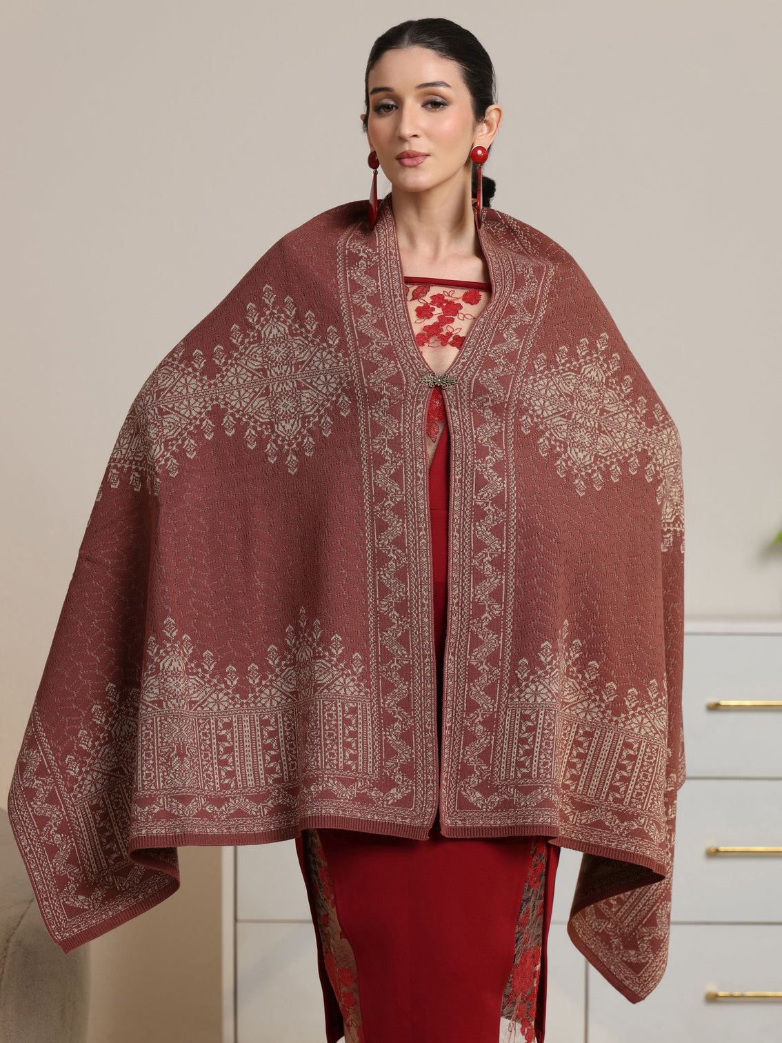 Mameraa Dusty Pink Ethnic Knitted Acrylic Wrap Shawl