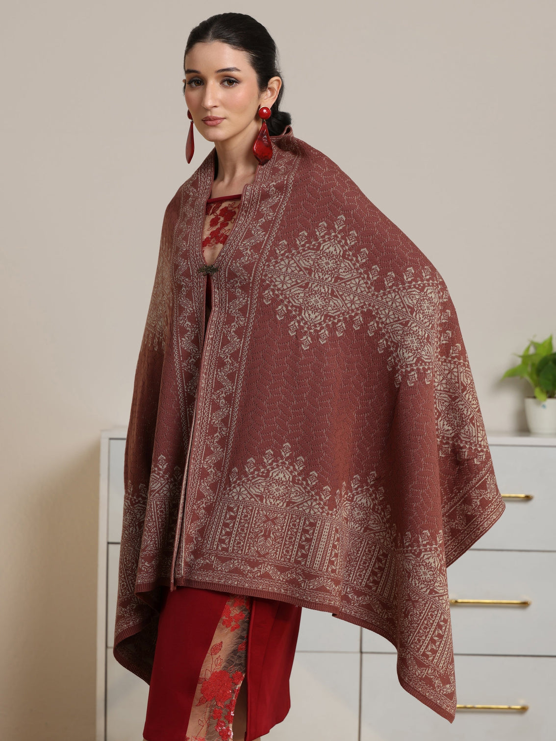 Mameraa Dusty Pink Ethnic Knitted Acrylic Wrap Shawl
