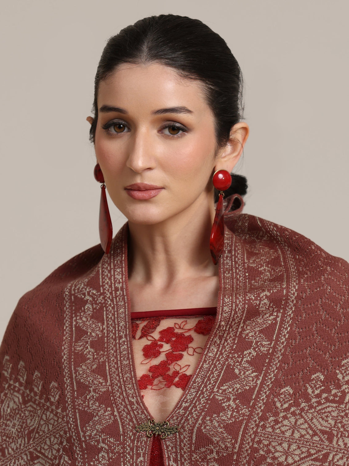 Mameraa Dusty Pink Ethnic Knitted Acrylic Wrap Shawl