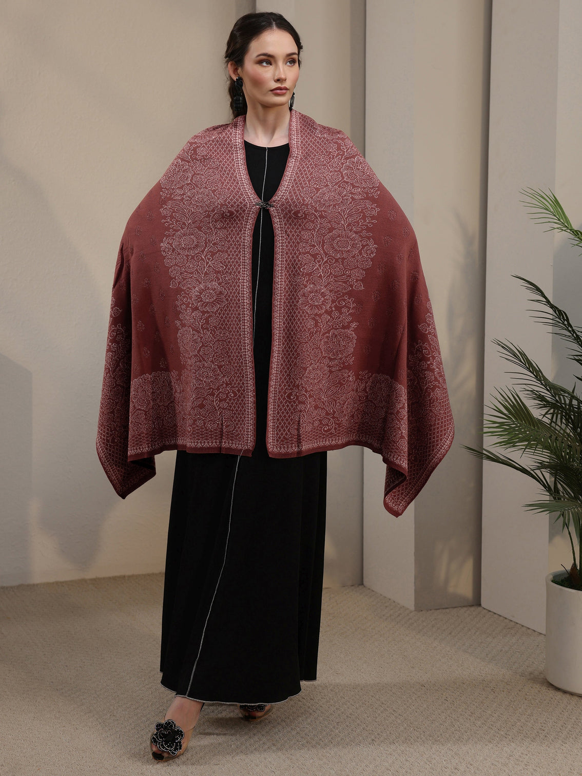 Mameraa Dusty Rose Pink Floral Embroidered Acrylic Wrap Shawl