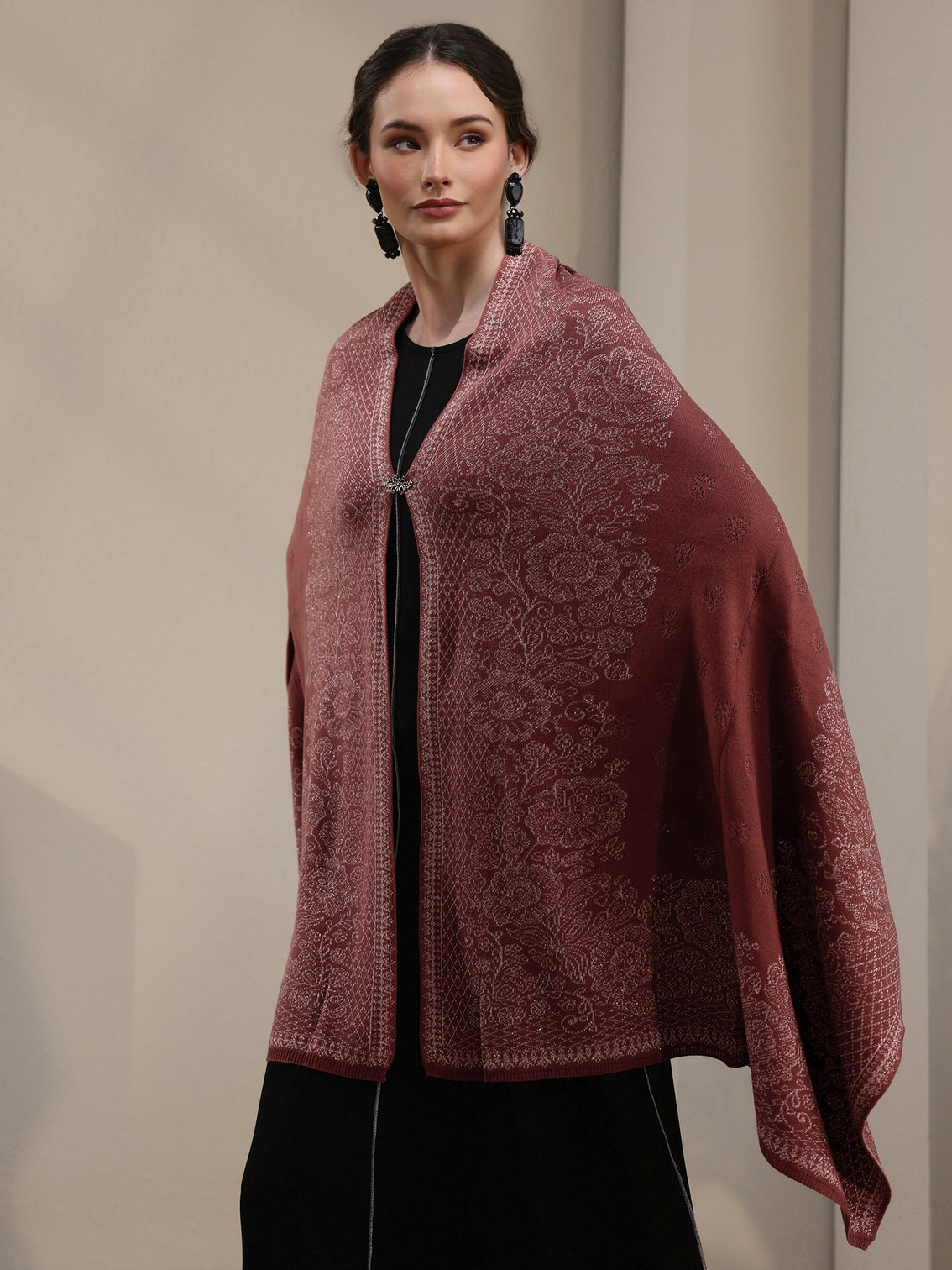 Mameraa Dusty Rose Pink Floral Embroidered Acrylic Wrap Shawl
