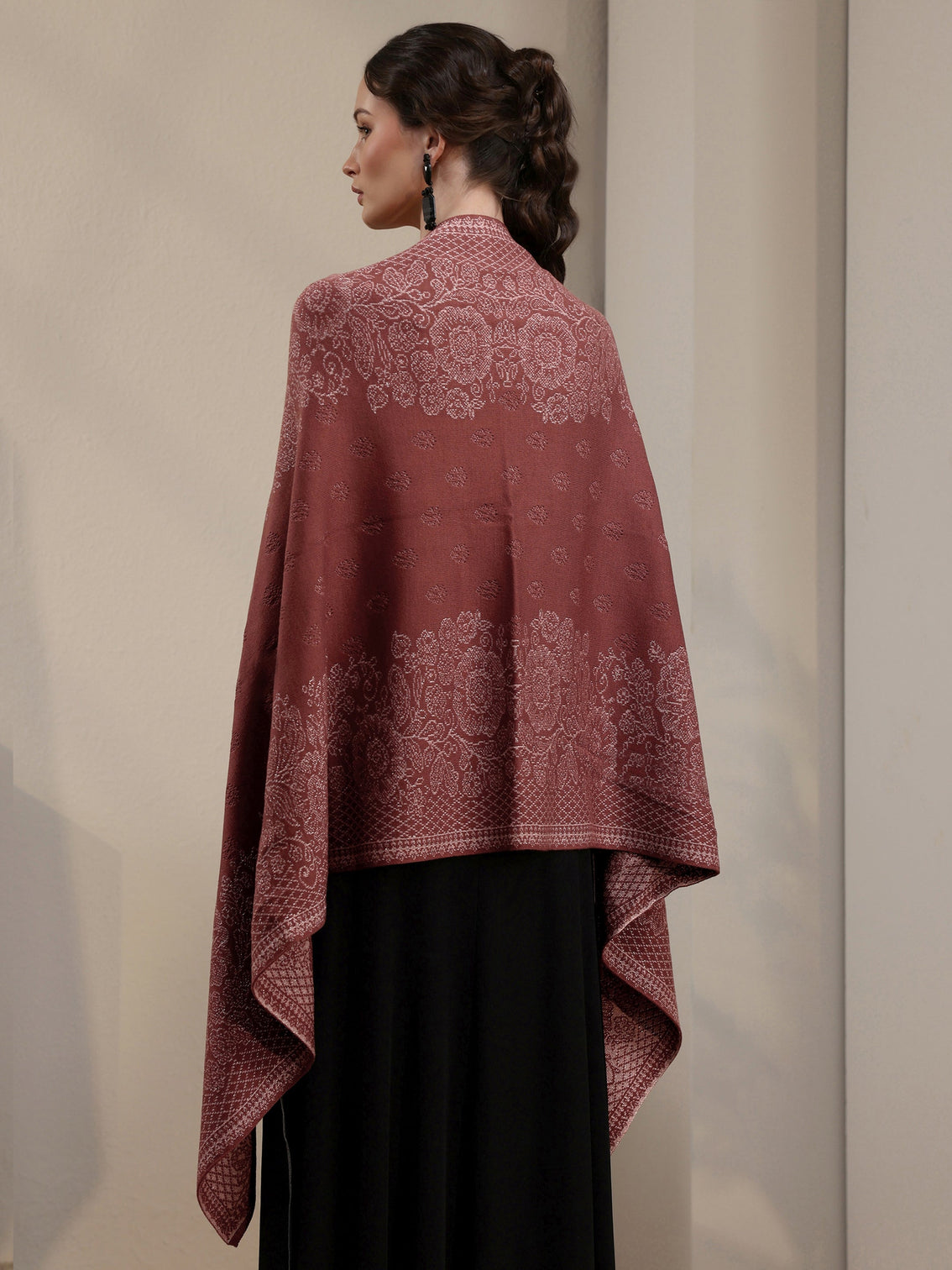 Mameraa Dusty Rose Pink Floral Embroidered Acrylic Wrap Shawl