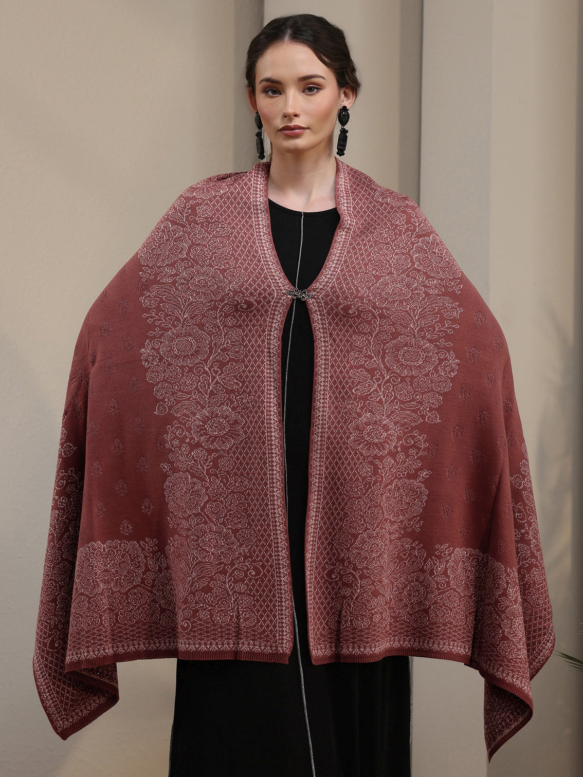 Mameraa Dusty Rose Pink Floral Embroidered Acrylic Wrap Shawl