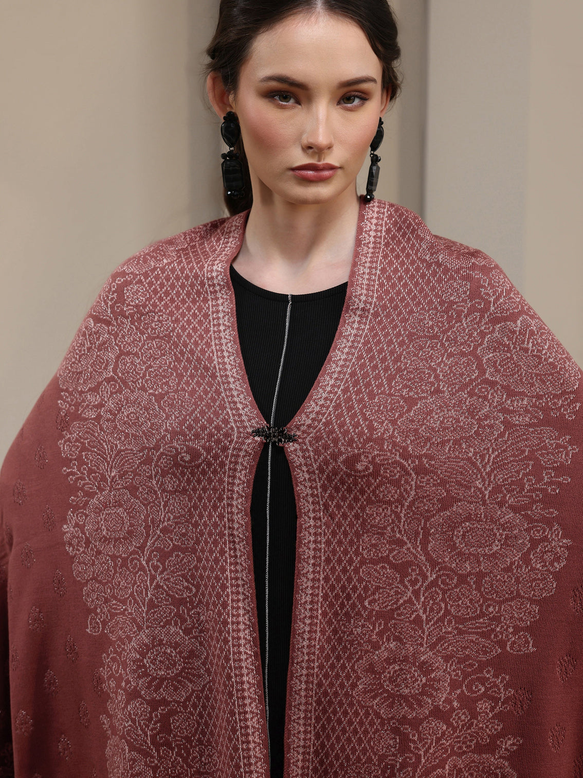 Mameraa Dusty Rose Pink Floral Embroidered Acrylic Wrap Shawl