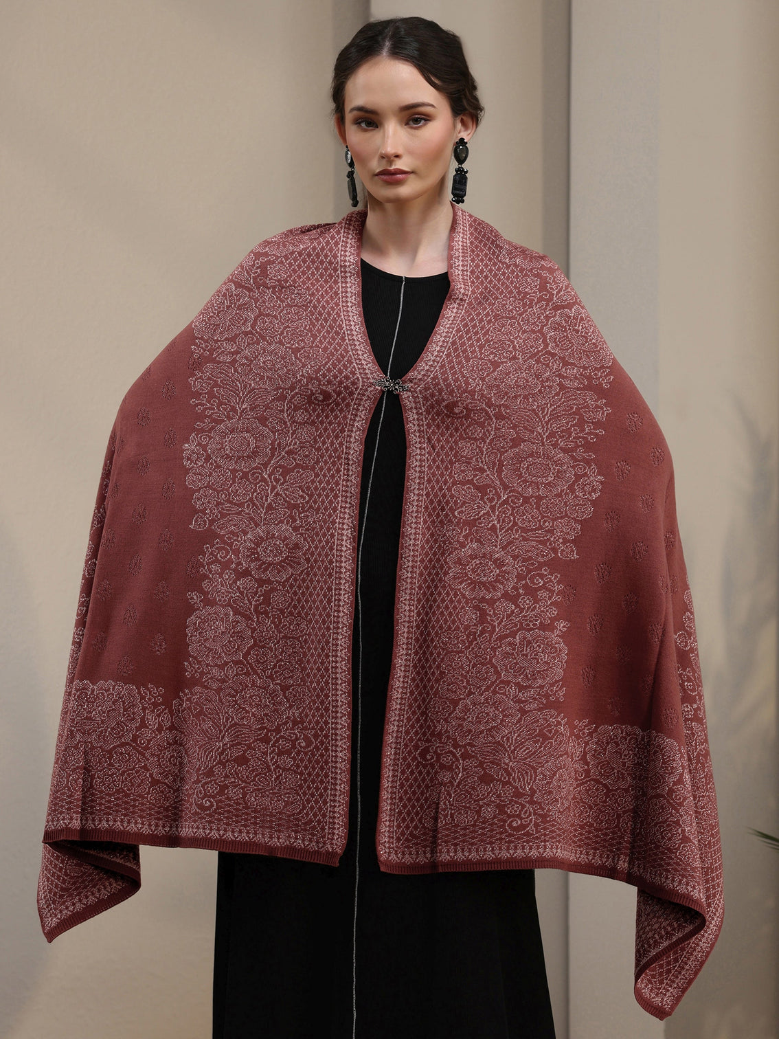 Mameraa Dusty Rose Pink Floral Embroidered Acrylic Wrap Shawl