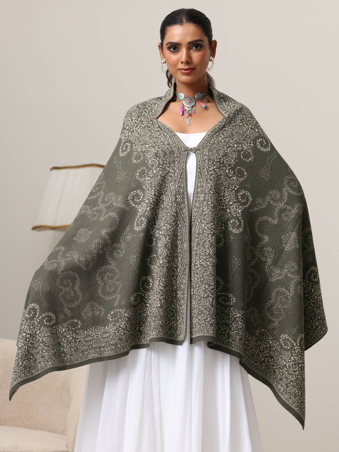 Mameraa Muted Moss Green Knitted Acrylic Wrap Shawl