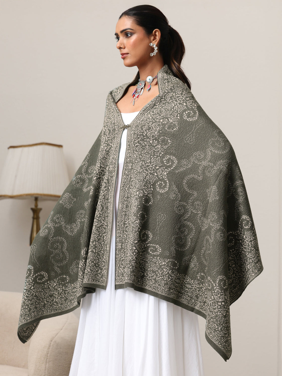 Mameraa Muted Moss Green Knitted Acrylic Wrap Shawl