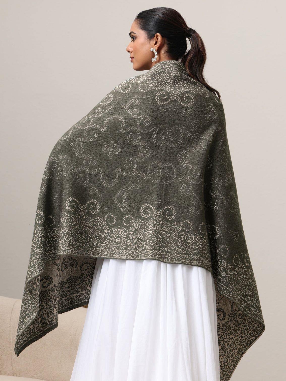 Mameraa Muted Moss Green Knitted Acrylic Wrap Shawl