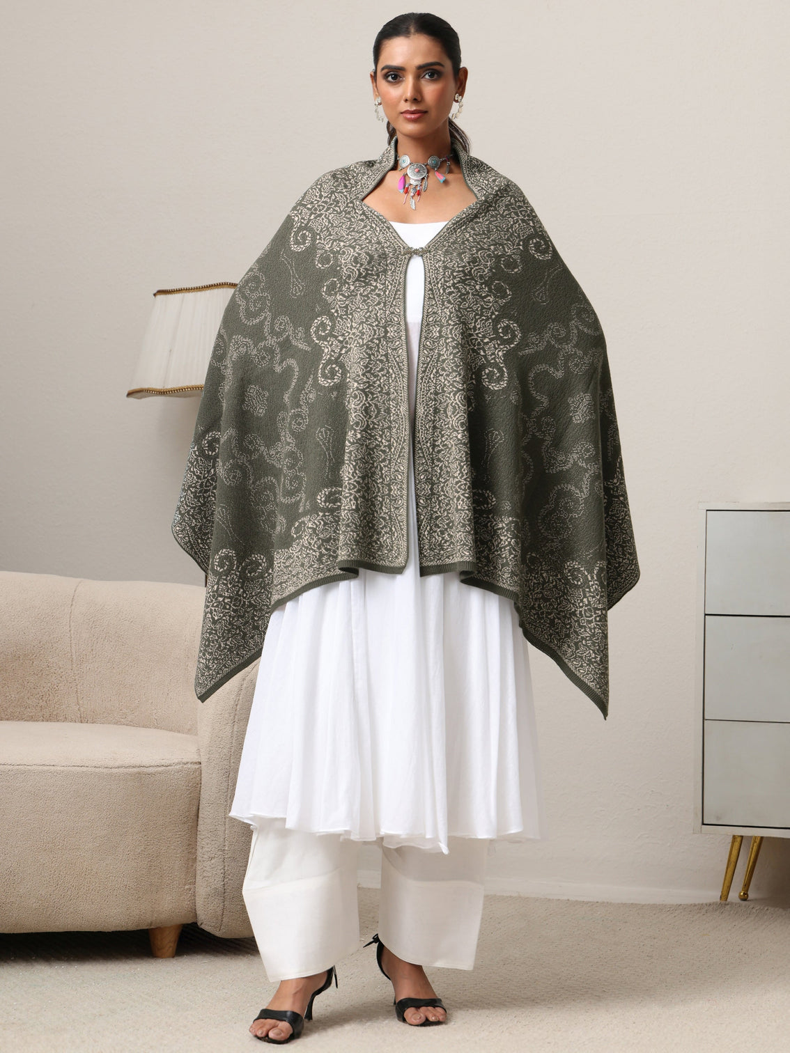 Mameraa Muted Moss Green Knitted Acrylic Wrap Shawl