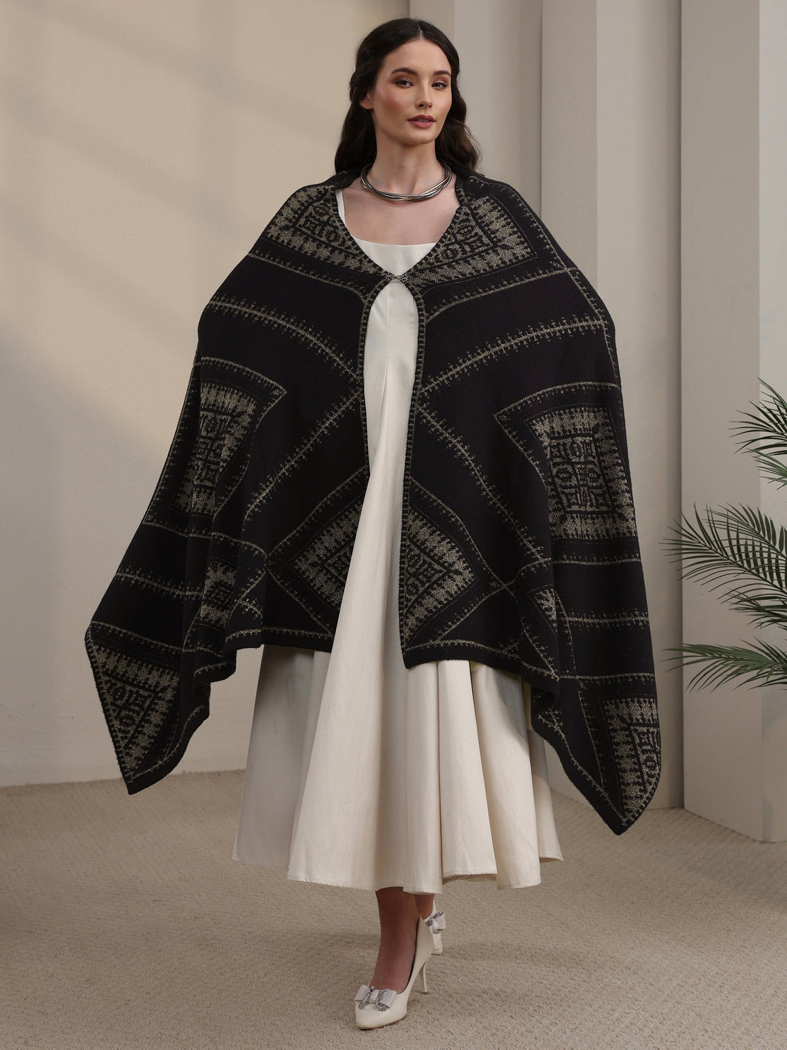 Mameraa Black Ethnic Embroidered Acrylic Wrap Shawl