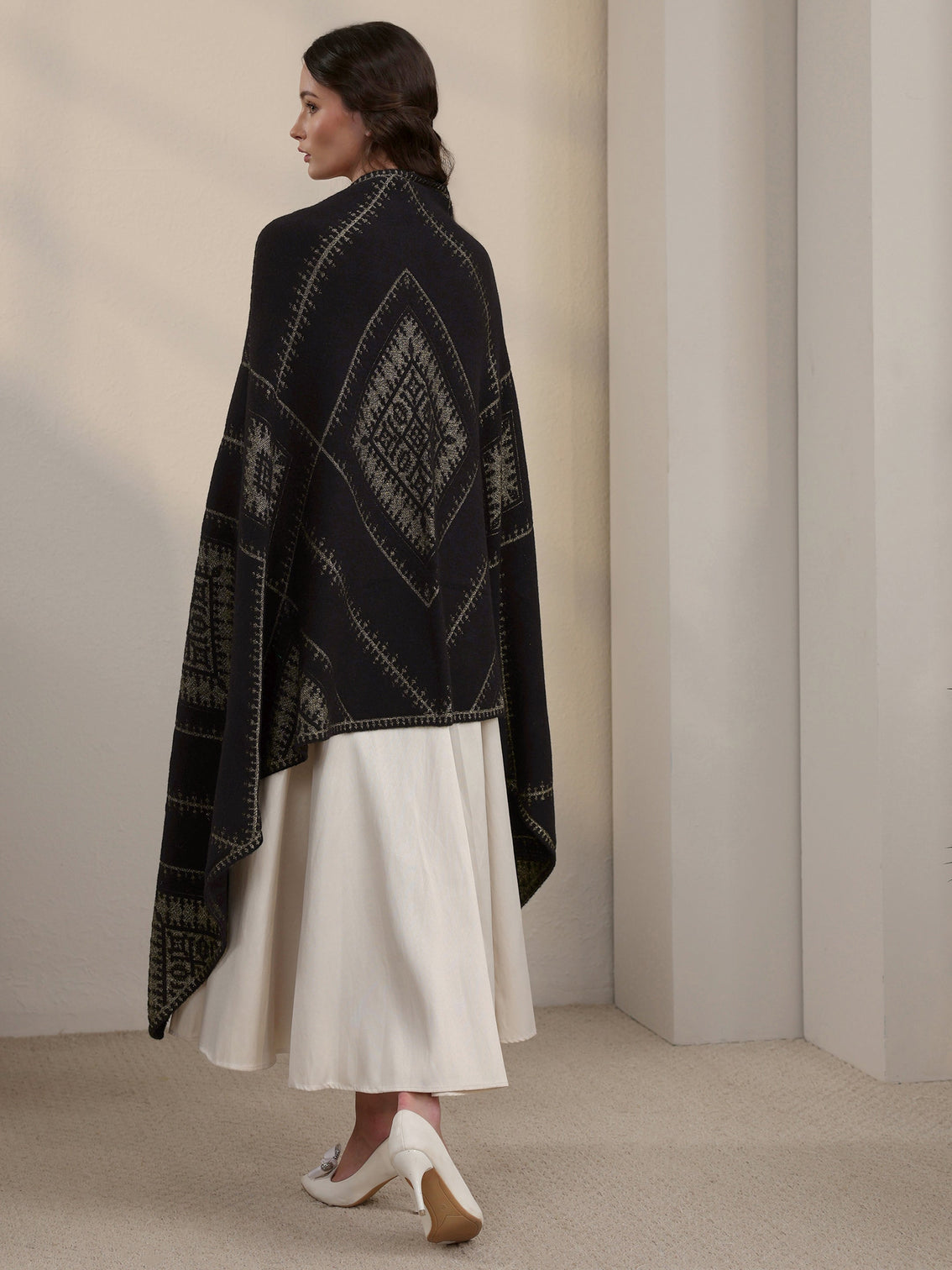 Mameraa Black Ethnic Embroidered Acrylic Wrap Shawl