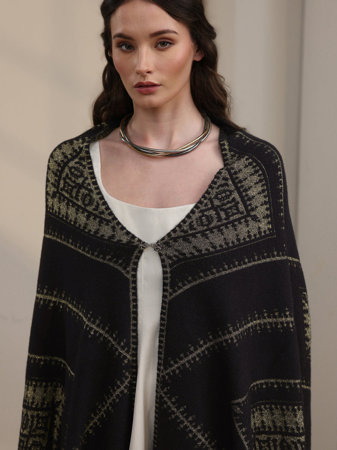 Mameraa Black Ethnic Embroidered Acrylic Wrap Shawl