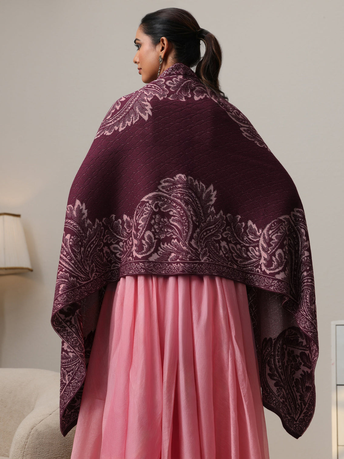 Mameraa Magenta Pink Floral Knitted Acrylic Wrap Shawl