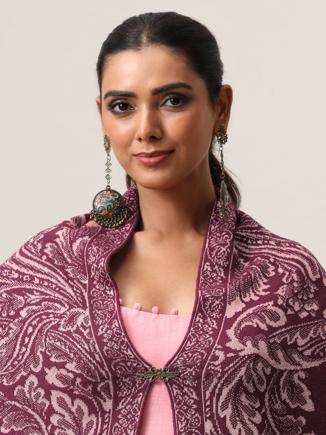 Mameraa Magenta Pink Floral Knitted Acrylic Wrap Shawl