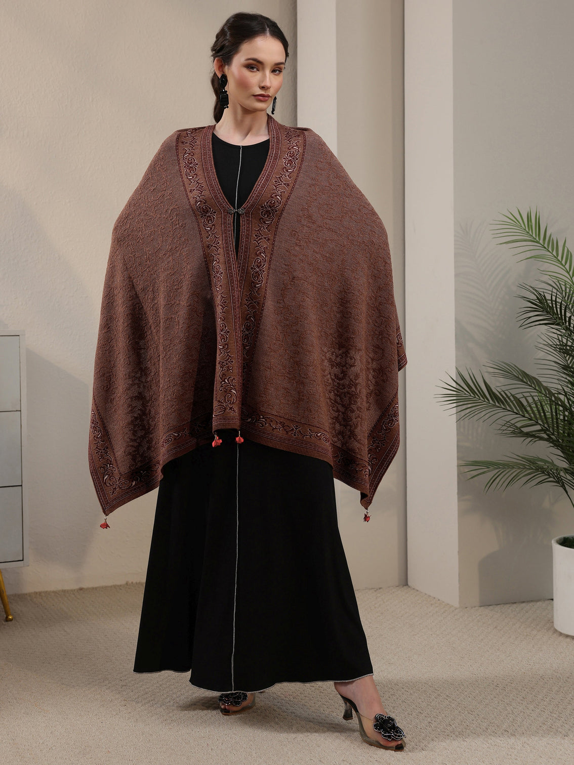 Mameraa Brown Ethnic Embrodiered Acrylic Wrap Shawl
