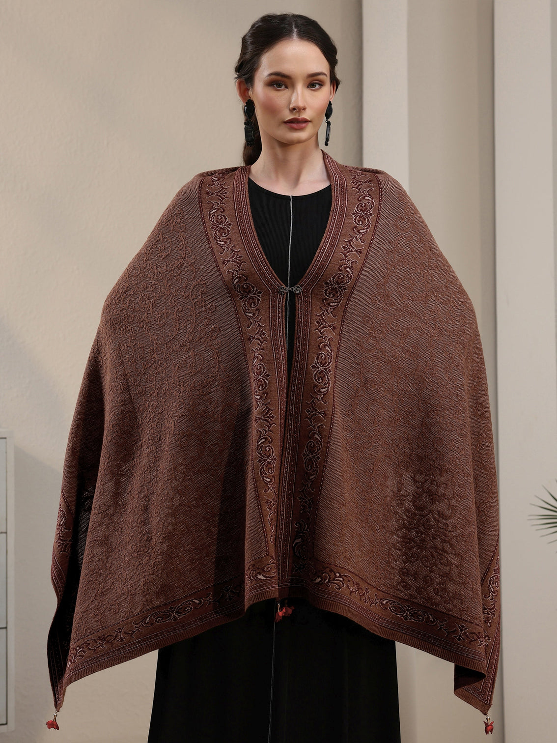 Mameraa Brown Ethnic Embrodiered Acrylic Wrap Shawl
