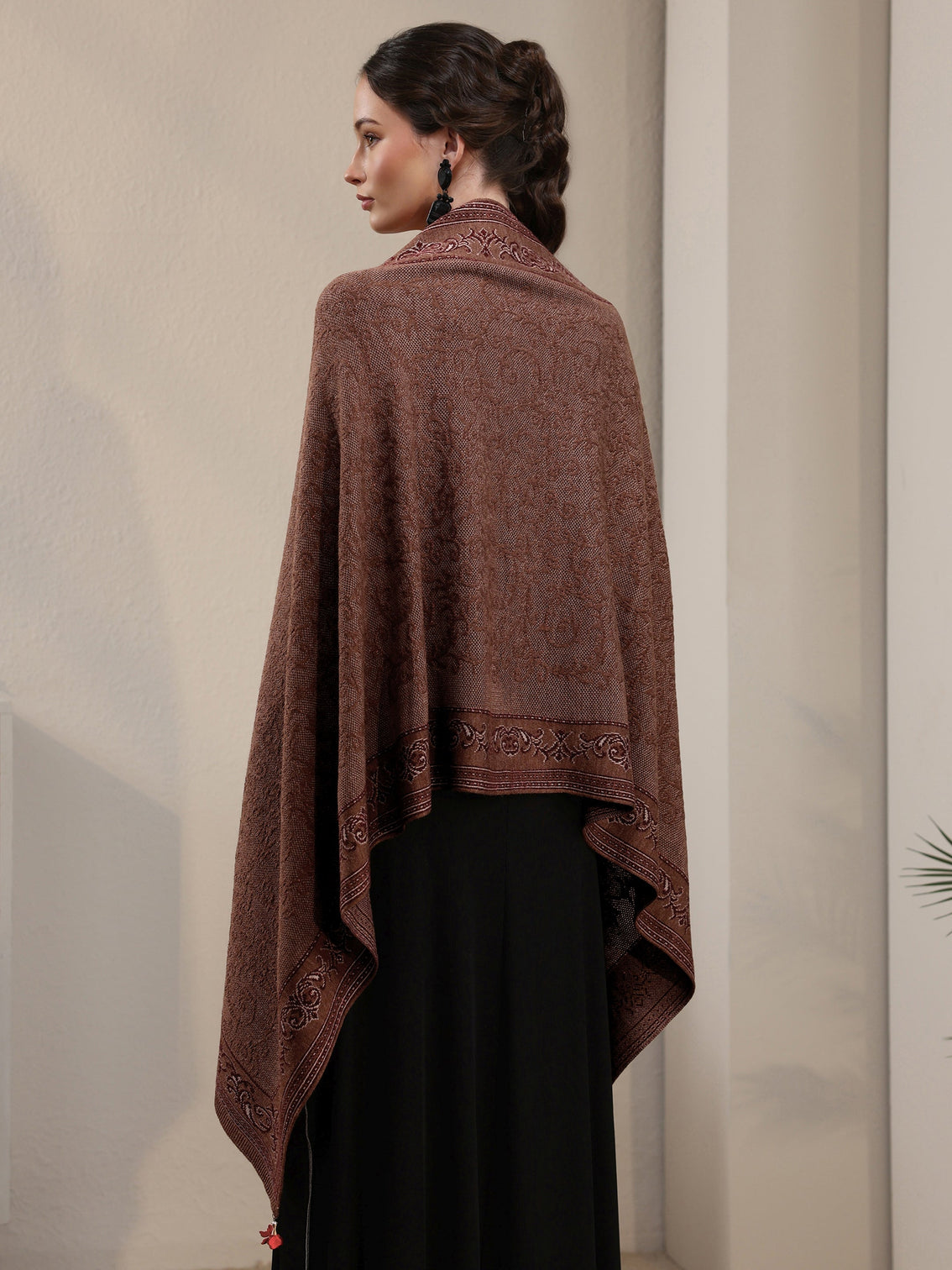 Mameraa Brown Ethnic Embrodiered Acrylic Wrap Shawl