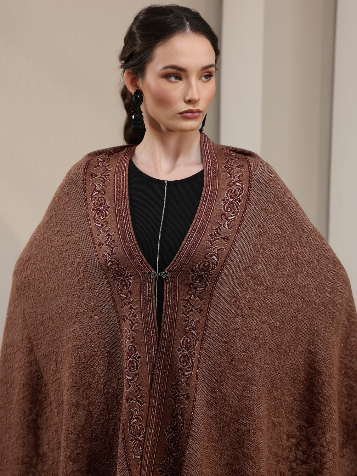 Mameraa Brown Ethnic Embrodiered Acrylic Wrap Shawl