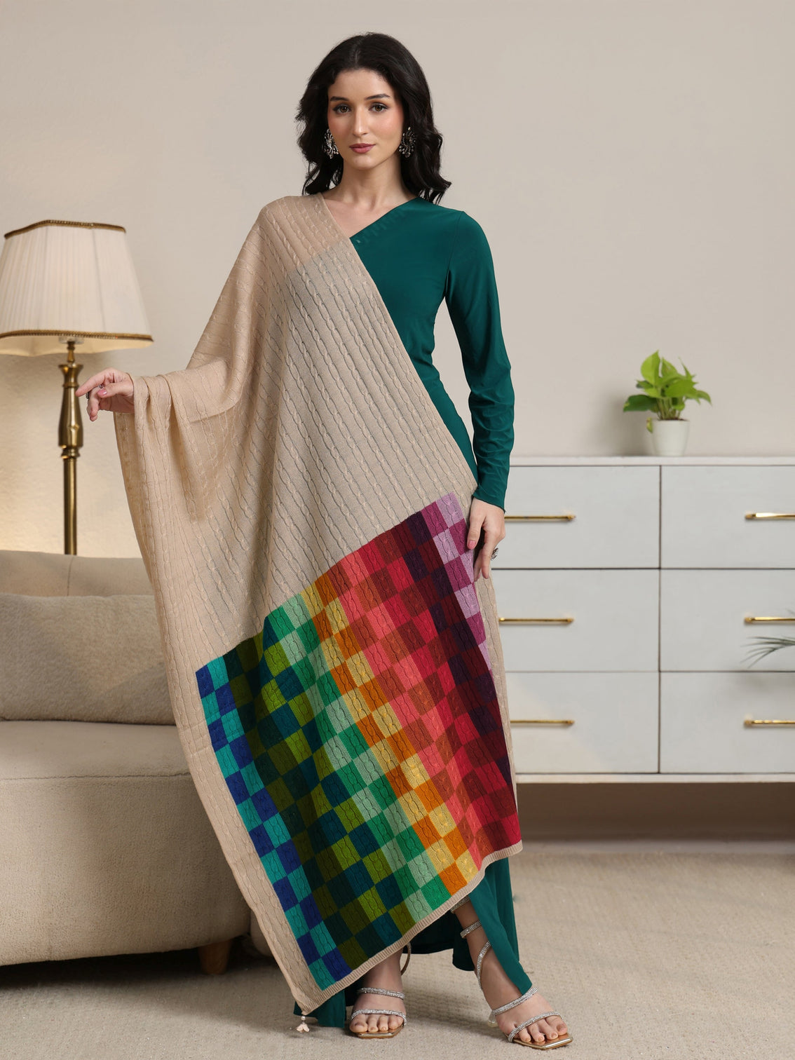 Mameraa Beige Geometric Knitted Acrylic Shawl