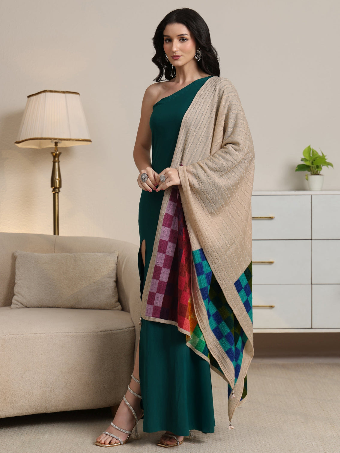 Mameraa Beige Geometric Knitted Acrylic Shawl