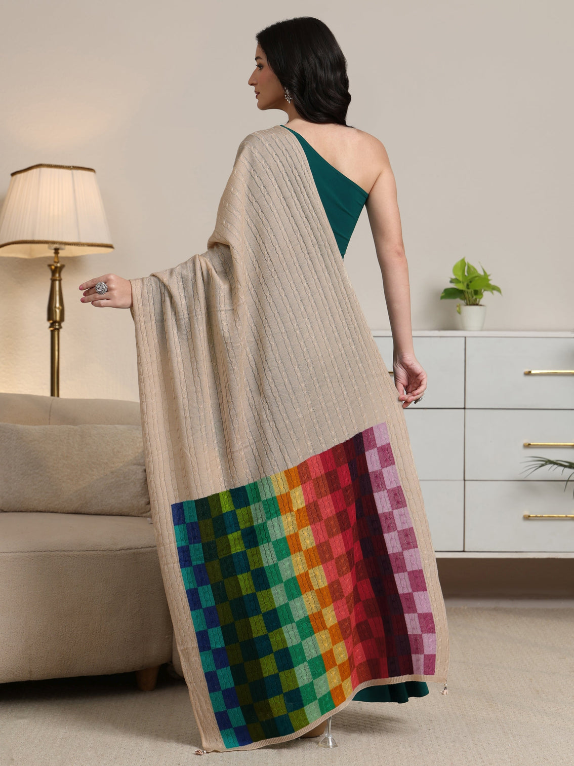 Mameraa Beige Geometric Knitted Acrylic Shawl