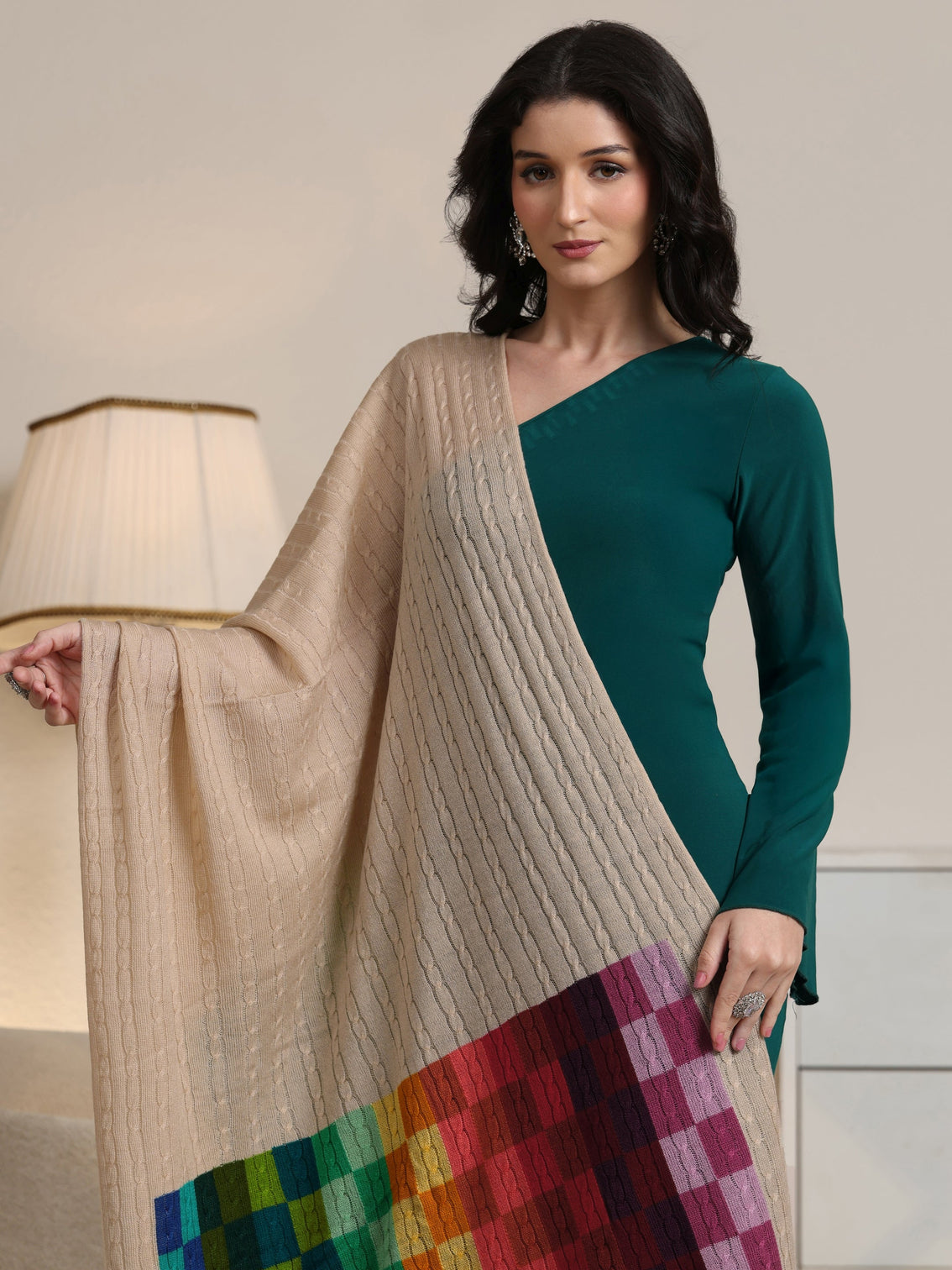 Mameraa Beige Geometric Knitted Acrylic Shawl