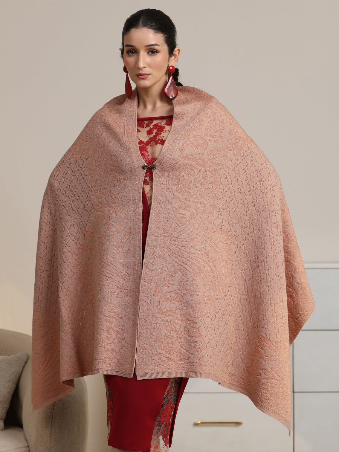 Mameraa Peach Floral Knitted Acrylic Shawl