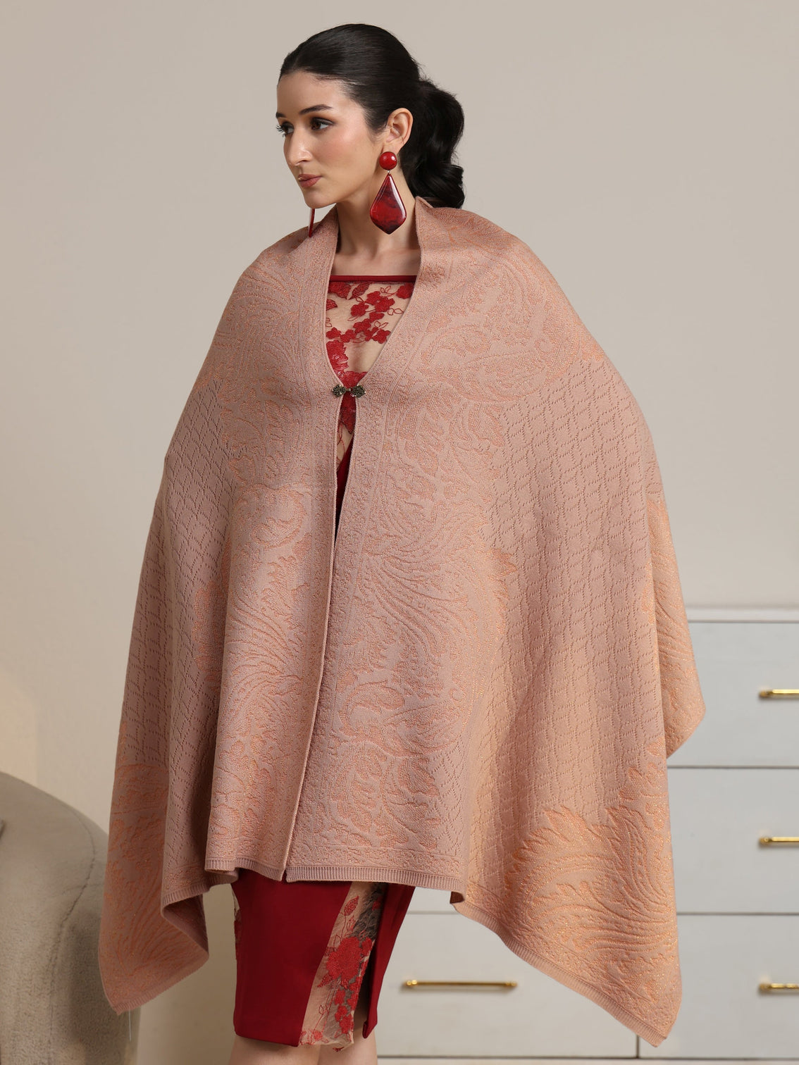 Mameraa Peach Floral Knitted Acrylic Shawl