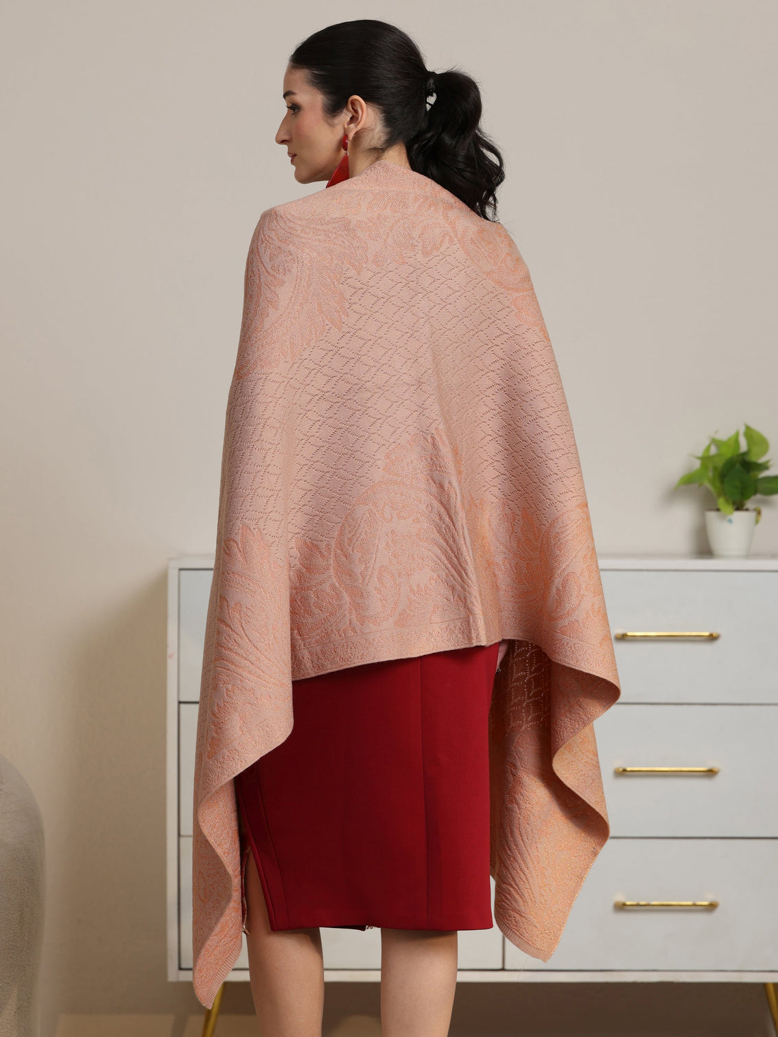 Mameraa Peach Floral Knitted Acrylic Shawl