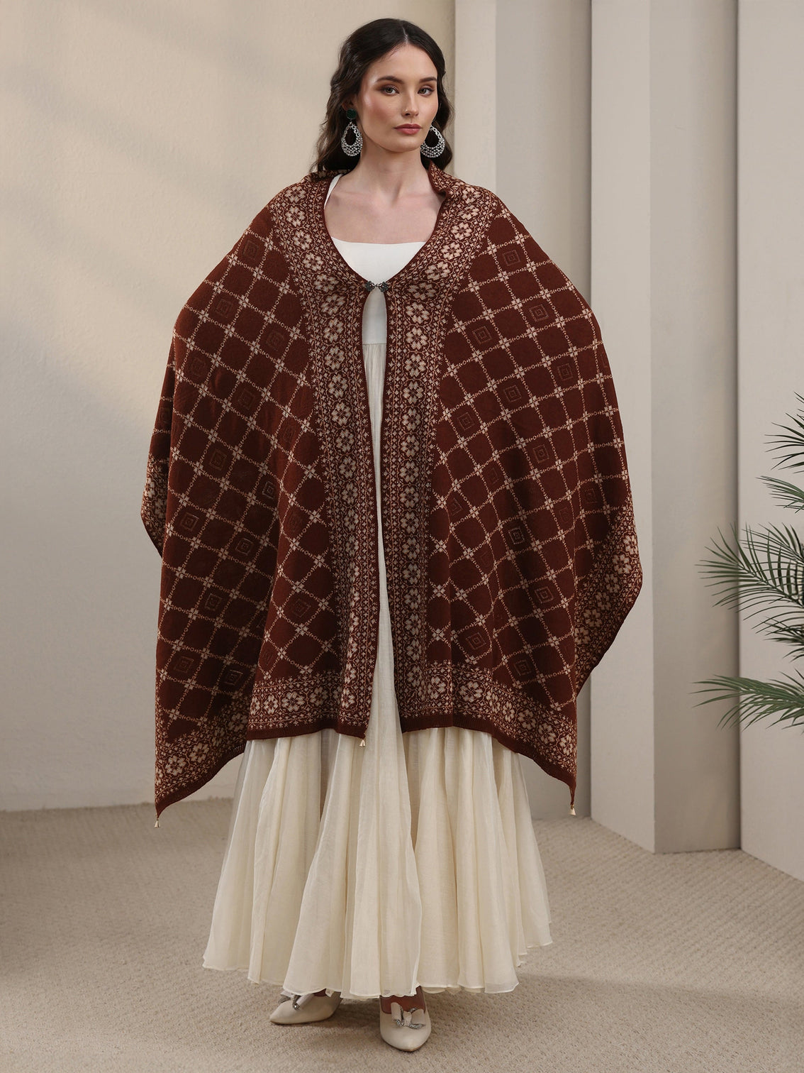 Mameraa Brown Jaal Pattern Embroidered Acrylic Wrap Shawl