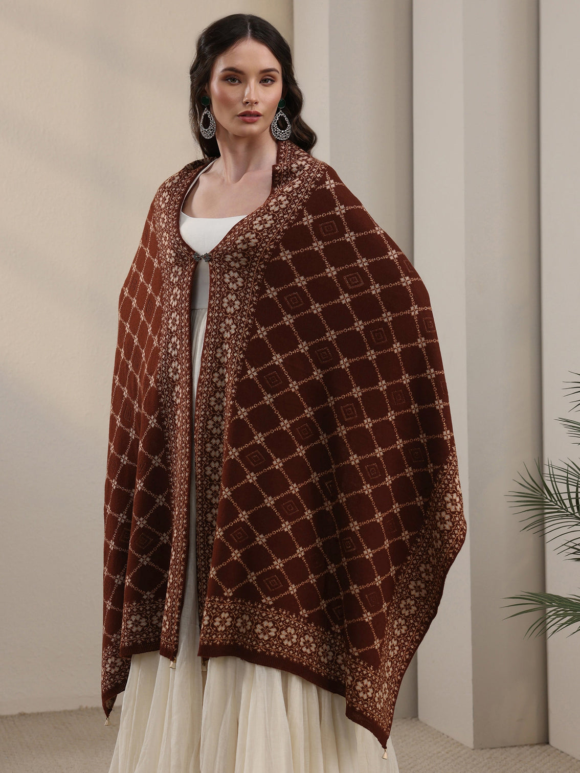 Mameraa Brown Jaal Pattern Embroidered Acrylic Wrap Shawl