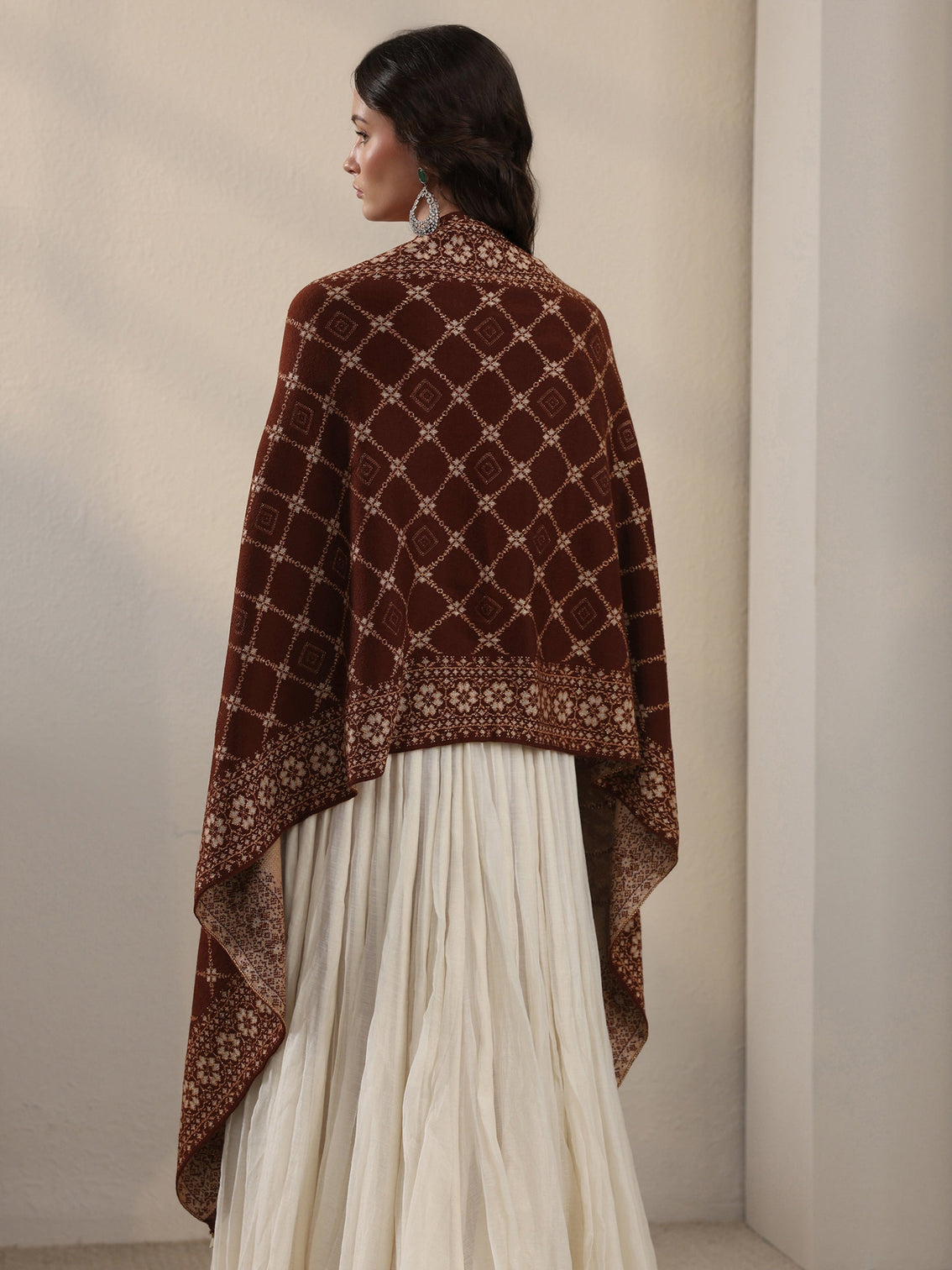 Mameraa Brown Jaal Pattern Embroidered Acrylic Wrap Shawl