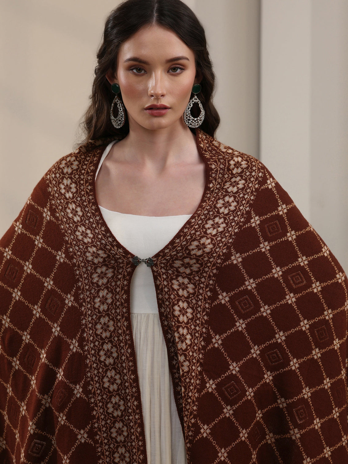 Mameraa Brown Jaal Pattern Embroidered Acrylic Wrap Shawl