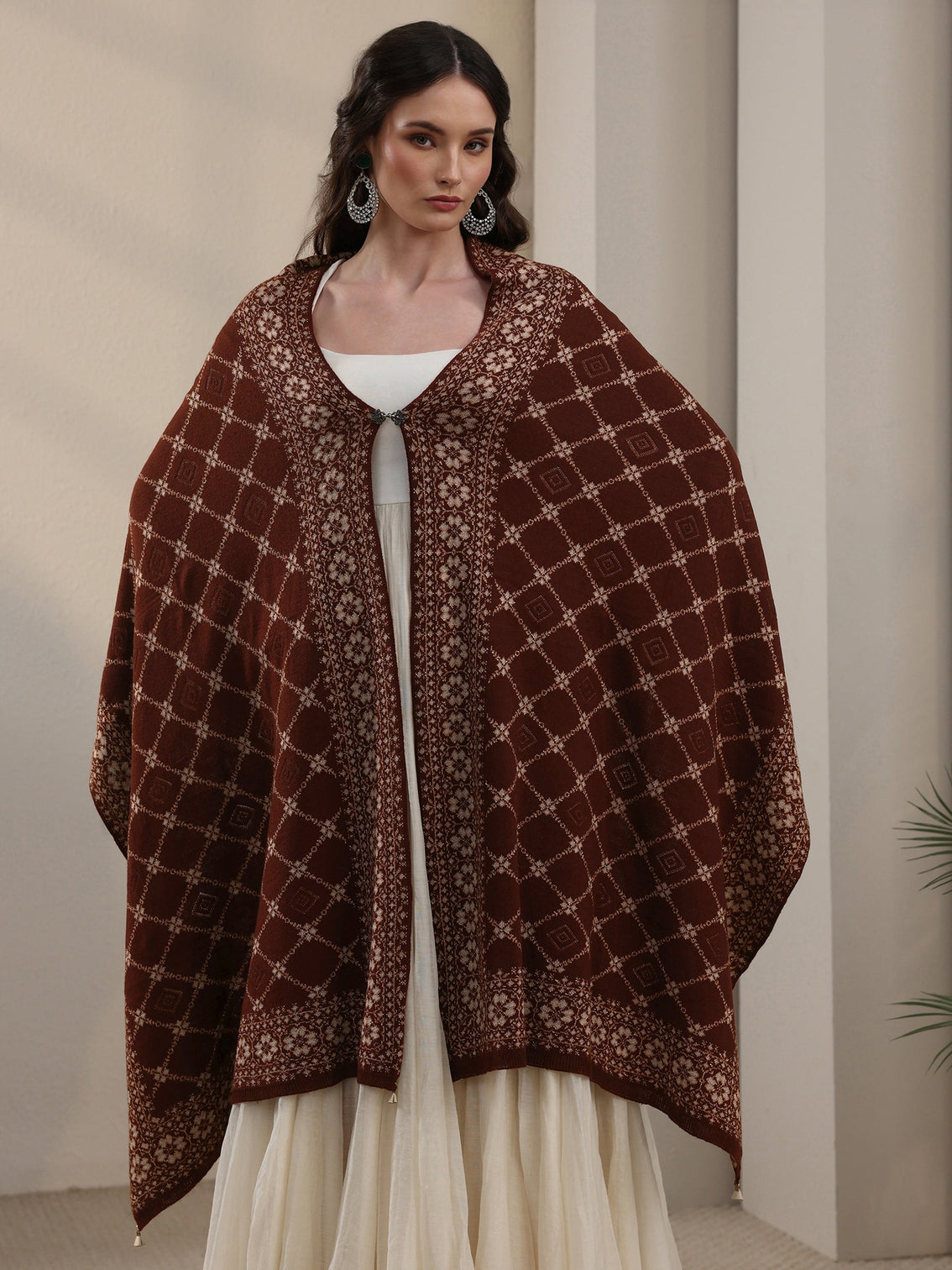 Mameraa Brown Jaal Pattern Embroidered Acrylic Wrap Shawl