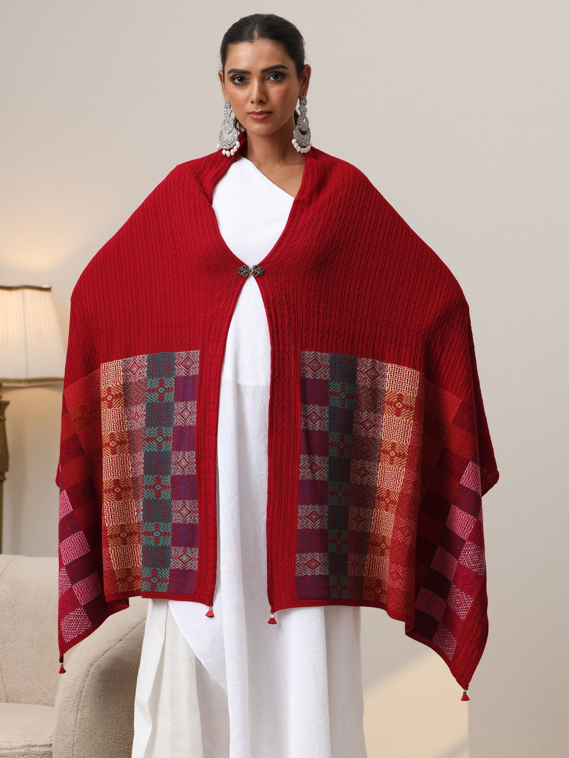 Mameraa Crimson Red Geometric Knitted Acrylic Wrap Shawl