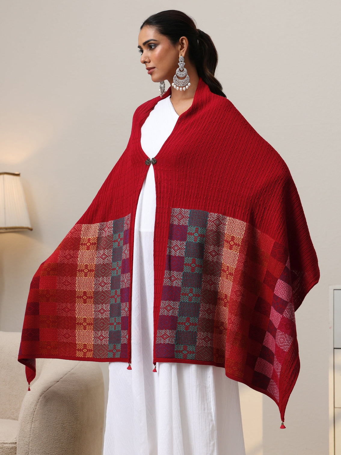 Mameraa Crimson Red Geometric Knitted Acrylic Wrap Shawl