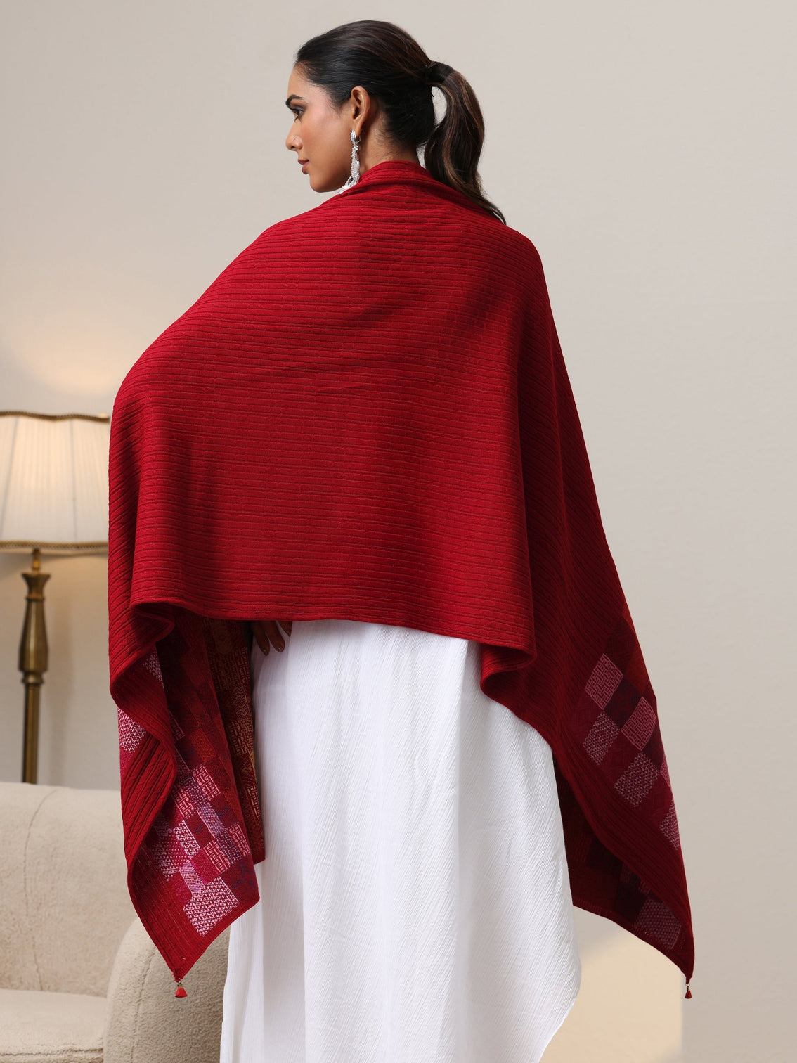 Mameraa Crimson Red Geometric Knitted Acrylic Wrap Shawl