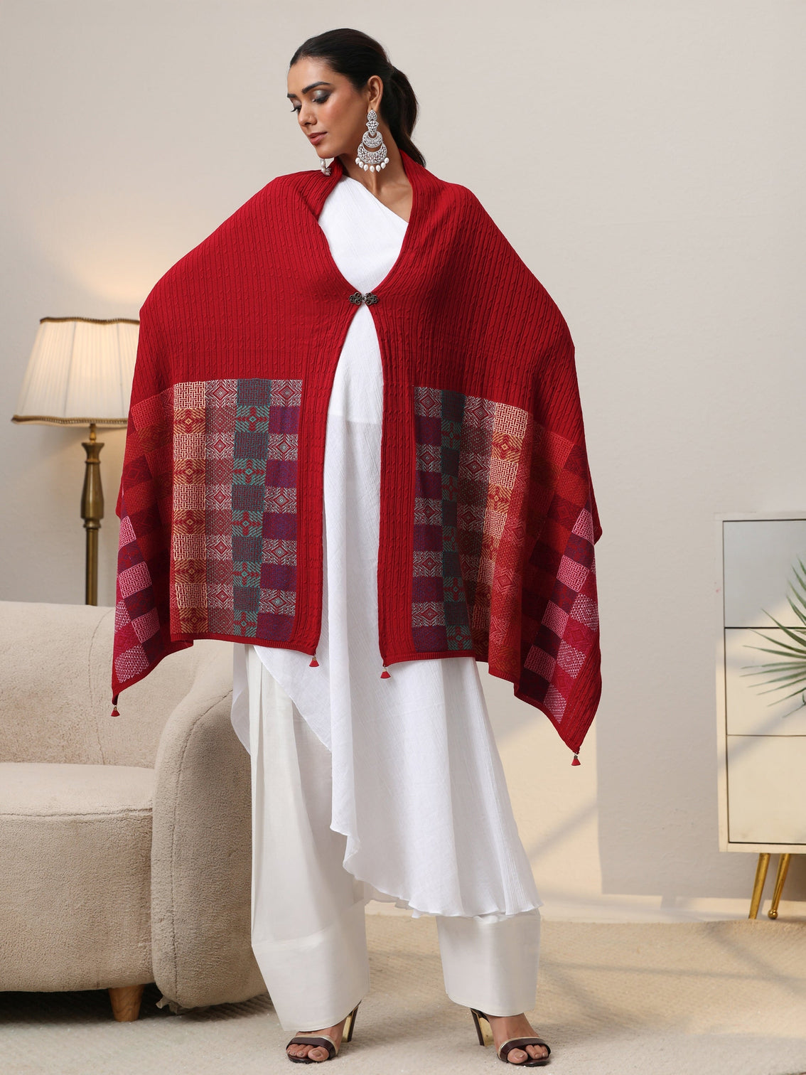 Mameraa Crimson Red Geometric Knitted Acrylic Wrap Shawl